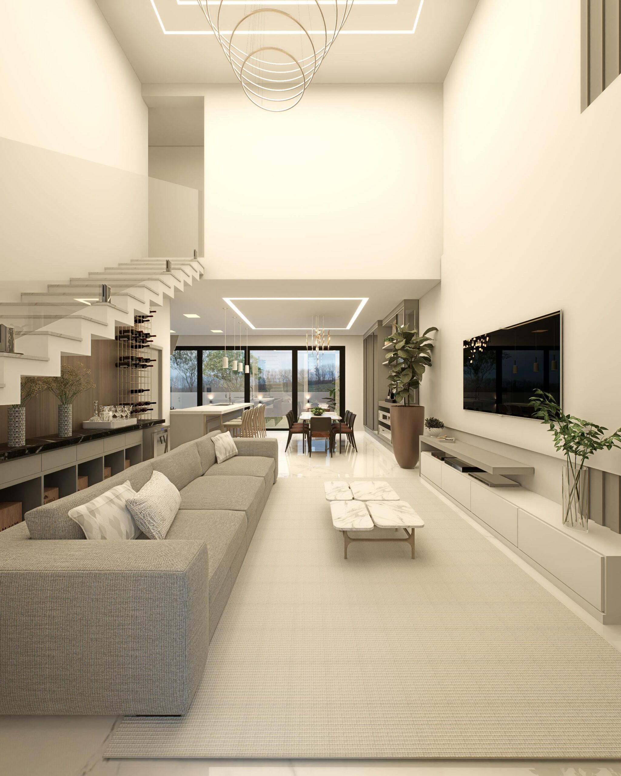 Elegant living room with minimalist design and open space in Brazil.